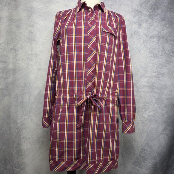 Lacoste Dresses & Skirts - Lacoste Dress Womens 40 Red Plaid Shirt Dress Roll Tab Sleeve Cotton Pockets